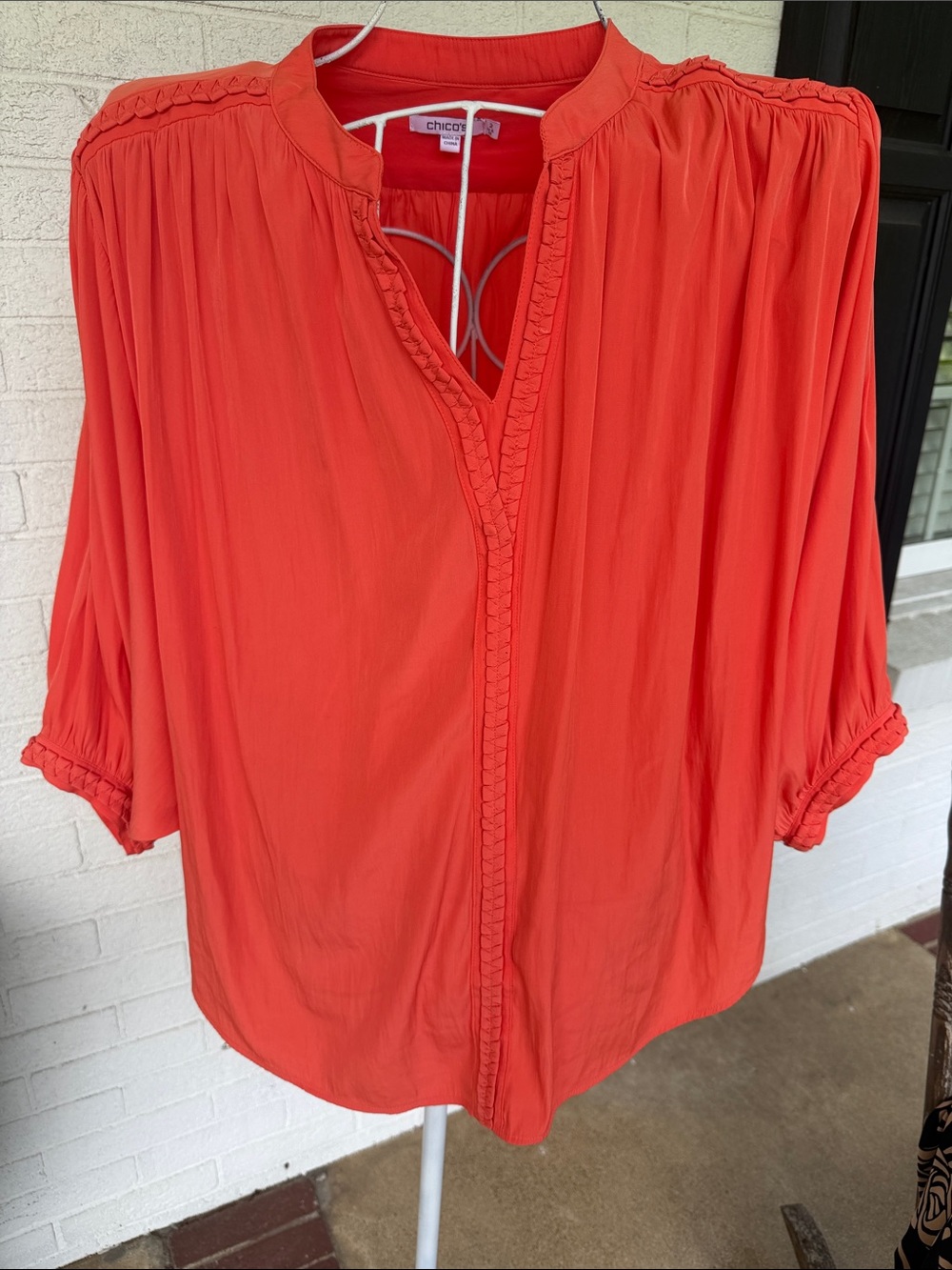 Chico's Coral Braided-Trim Peasant Blouse